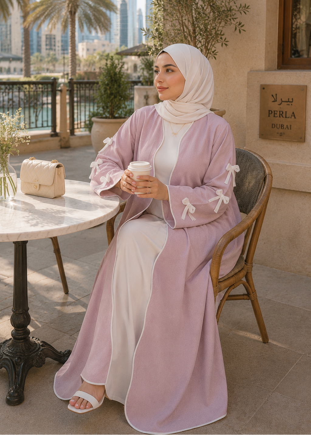 Woman in a pink abaya sitting at an outdoor cafe with palm trees and buildings in the background.